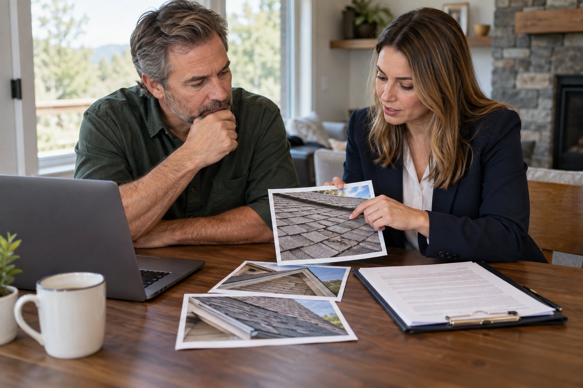 An owner comparing basic dwelling coverage and roof settlement records