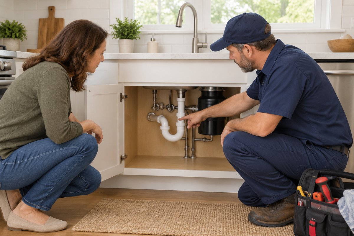 A property owner and plumber examining accessible under-sink plumbing