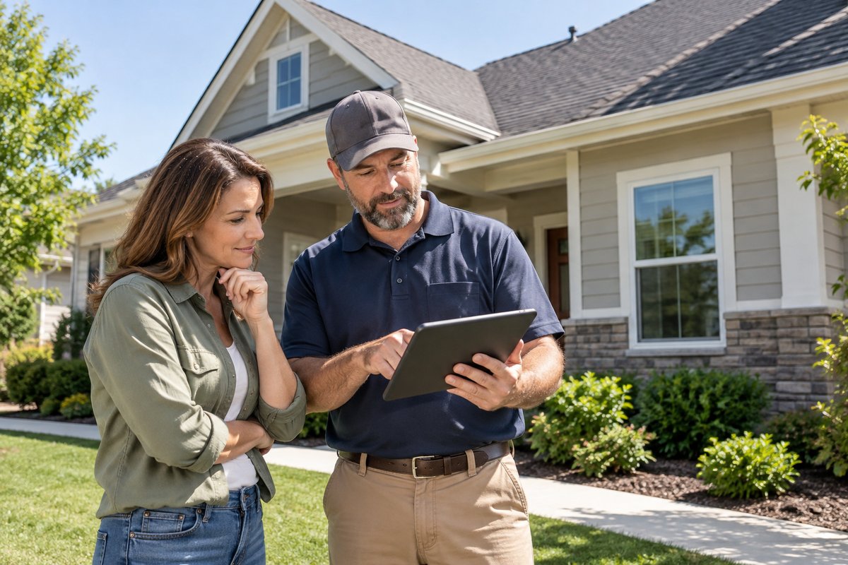 A rental owner reviewing roof inspection photographs beside a home
