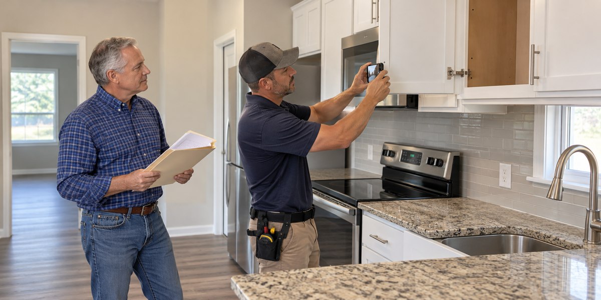 An owner and contractor documenting completed repairs between tenants