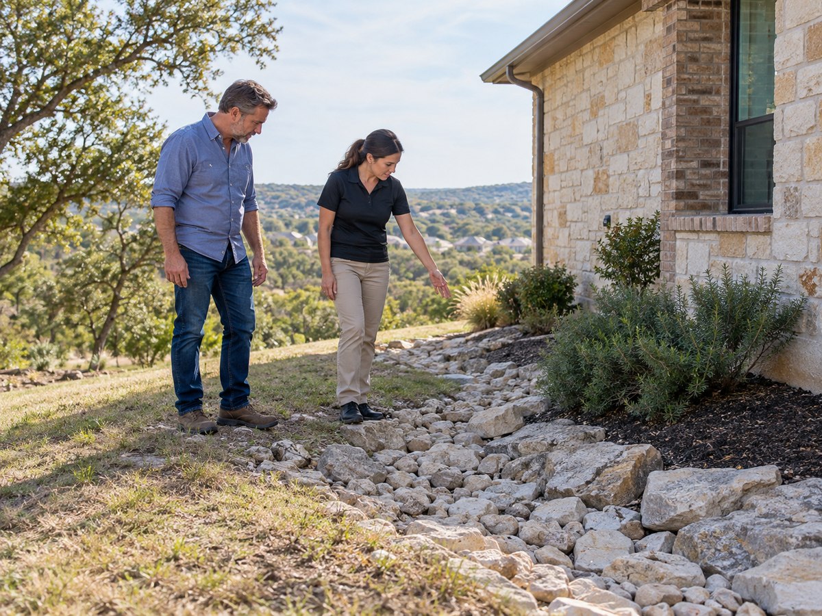 An owner checking drainage paths and low entries at a Central Texas rental