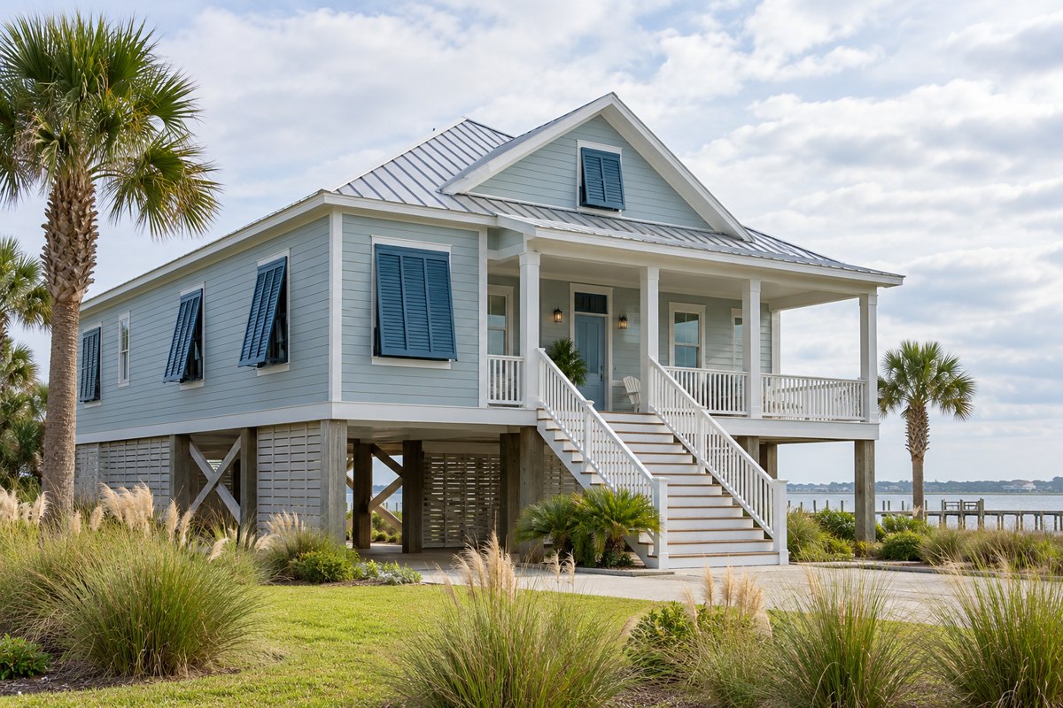 Raised Gulf Coast cottage with shutters and coastal grasses