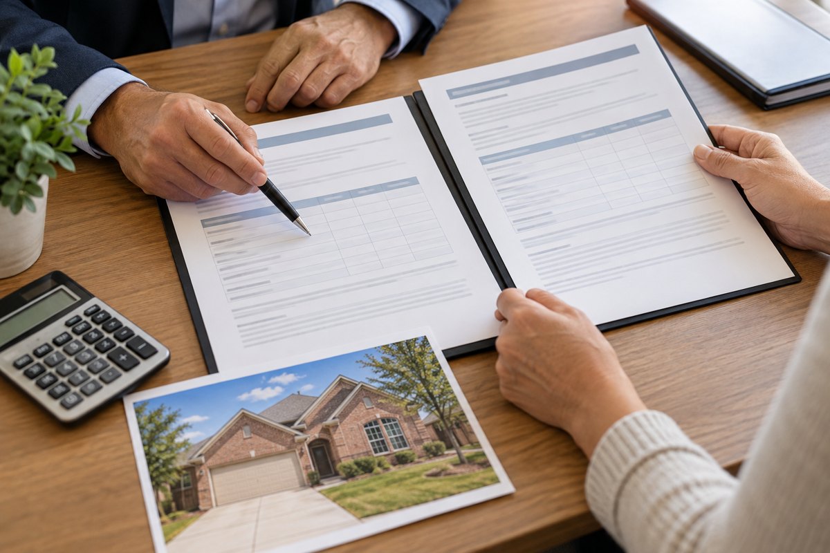 Agent and homeowner compare policy details beside a calculator and property photograph