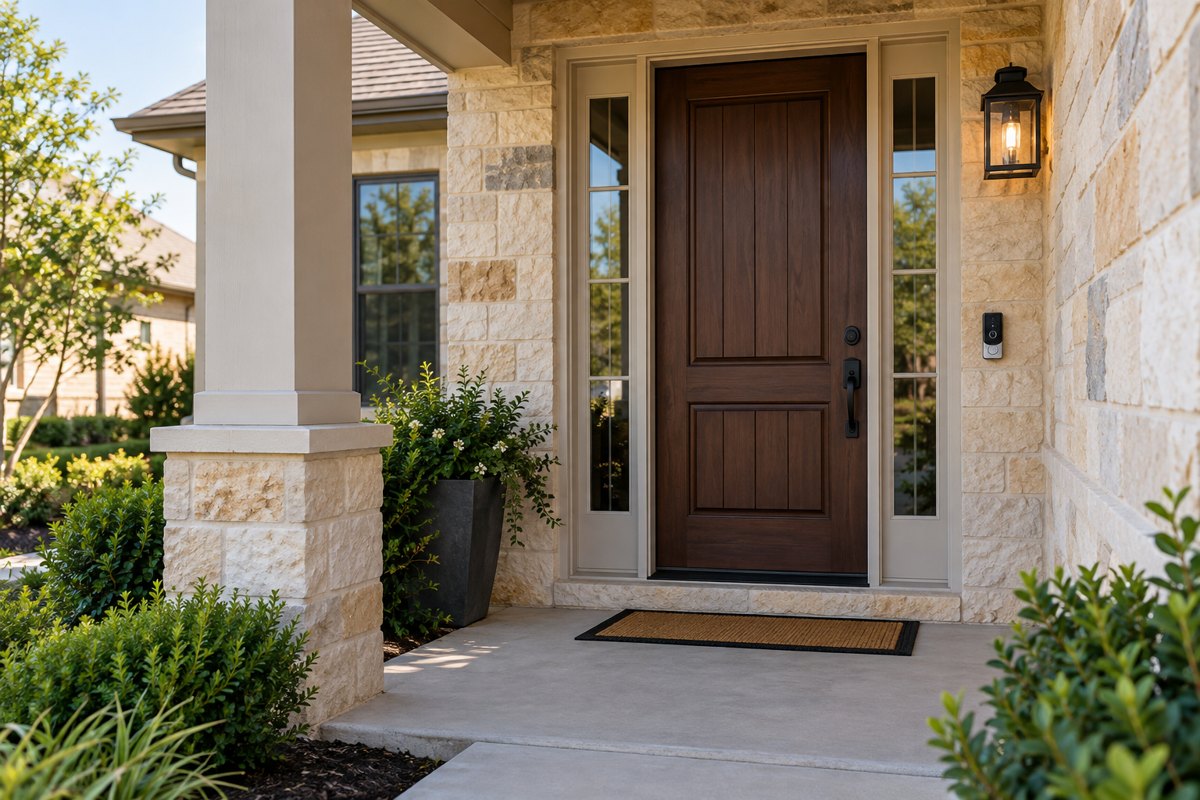 Front door with deadbolt, porch light and discreet doorbell camera