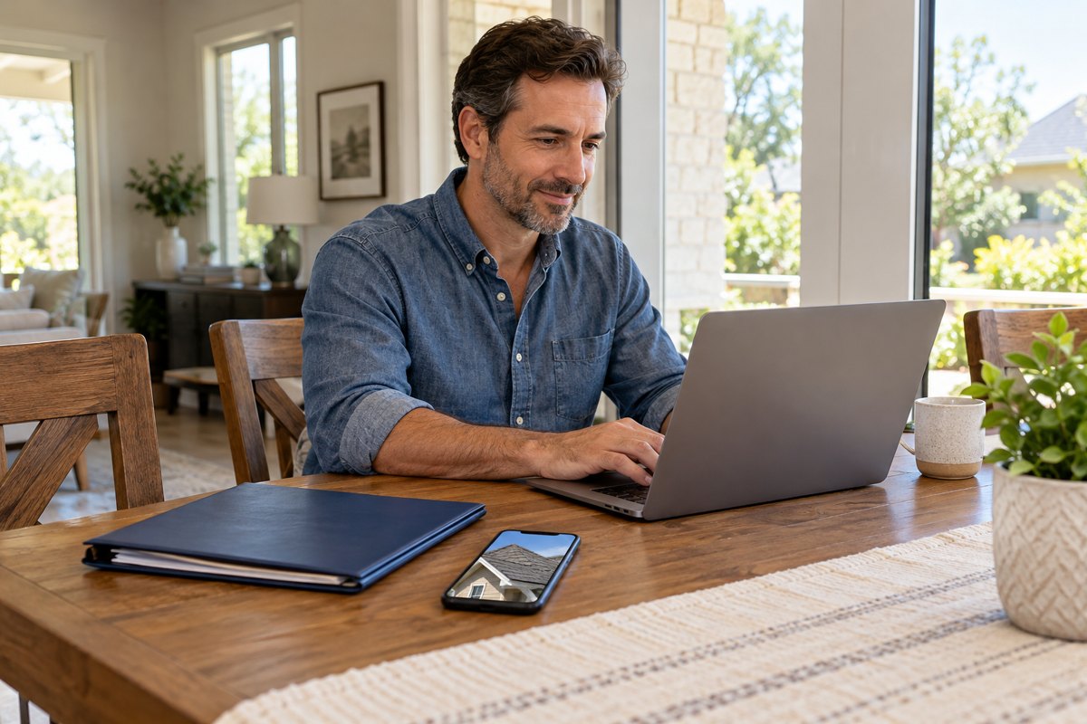 Homeowner prepares property information on a laptop beside a folder