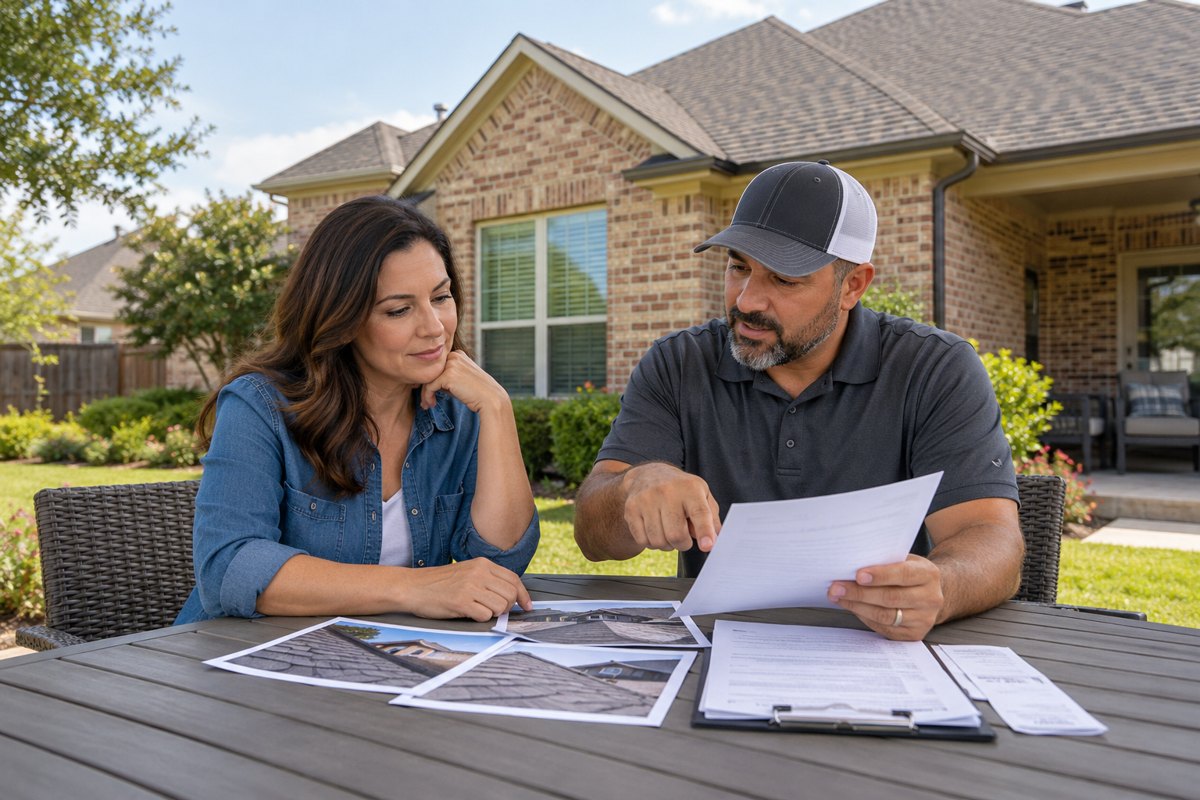 Homeowner and contractor review roof repair photographs and receipts