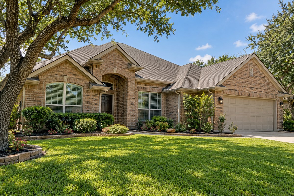 Asphalt shingle roof and gutters on a maintained Texas brick home
