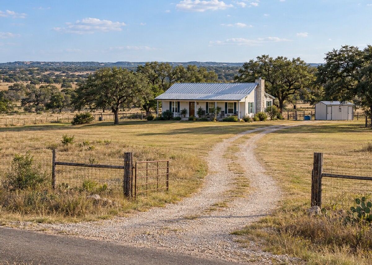 Rural Texas home with an accessible driveway and trimmed vegetation