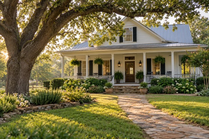 Older white house with a front porch beneath a mature tree