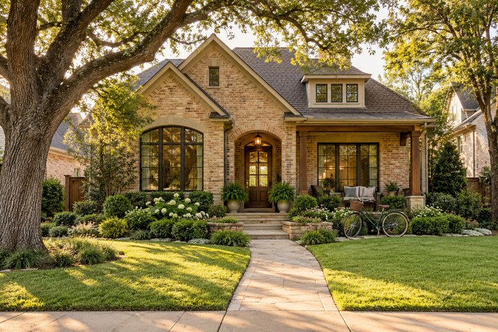 Brick home with a landscaped garden and bicycle beside the porch