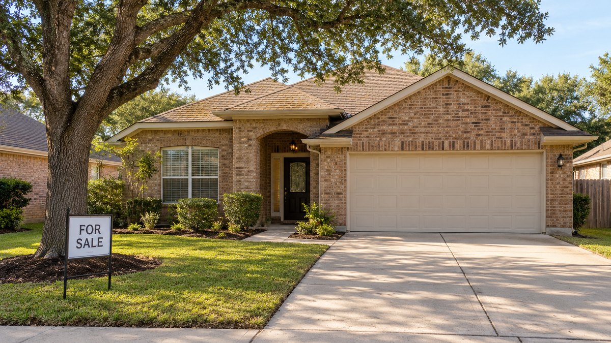 Vacant home for sale insurance guide: brick house with a for-sale sign and empty driveway