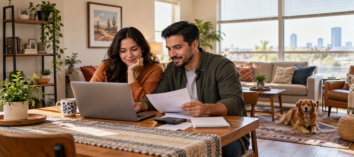 A couple reviewing cheap renters insurance options on a laptop in a bright rental apartment