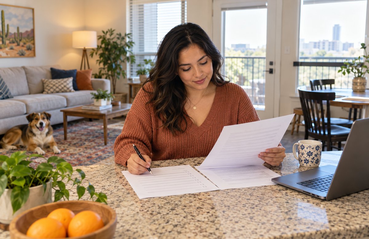 A tenant reviewing lease paperwork and affordable renters insurance at a dining table