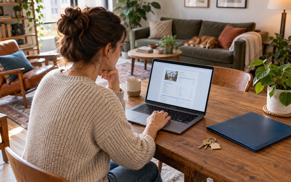A resident checking a digital proof document beside keys and a lease folder