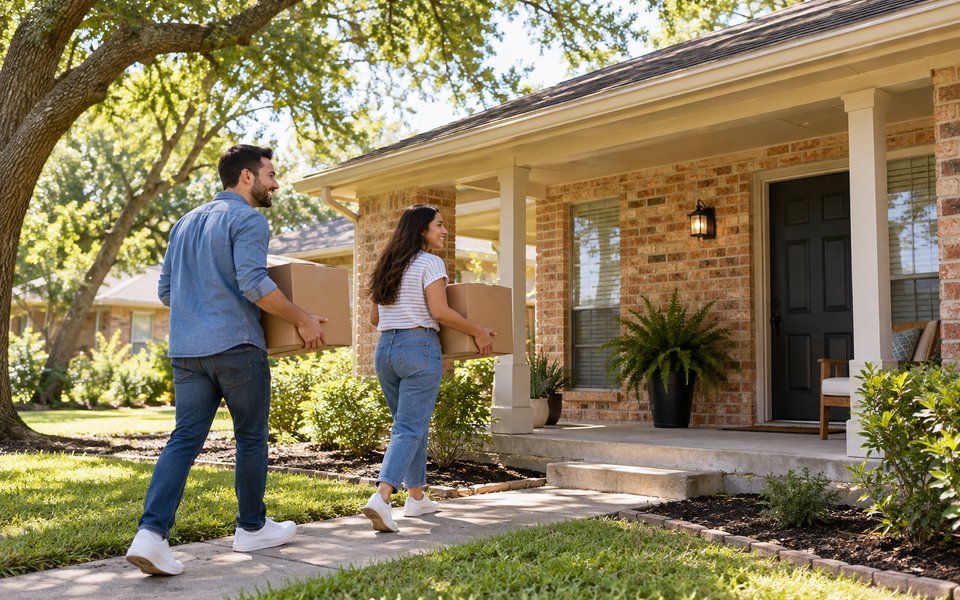 Tenants carrying moving boxes toward a modest brick rental home with a shaded porch