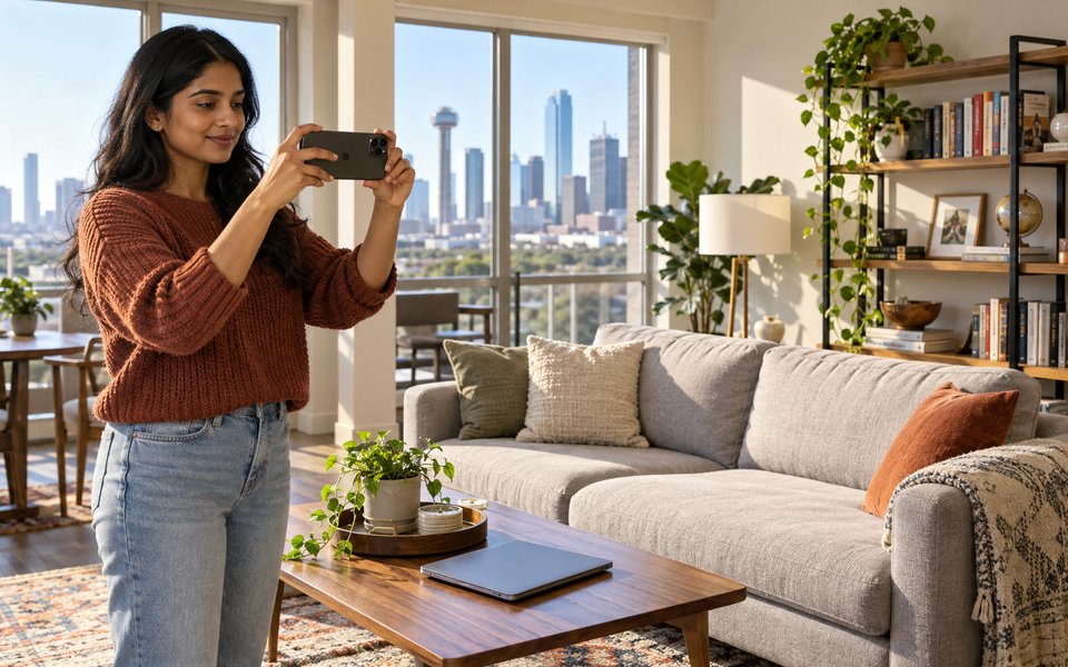 A resident photographing furniture and electronics for a household belongings inventory