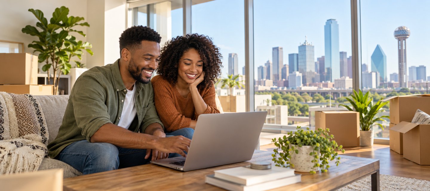 A couple reviewing Dallas renters insurance on a laptop in their new apartment with the city skyline beyond the window
