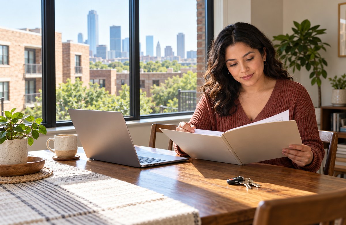 A tenant reviewing a lease and Dallas tenants insurance requirements at a sunny apartment dining table