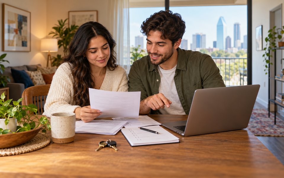 Two roommates comparing lease liability requirements at a rental apartment table