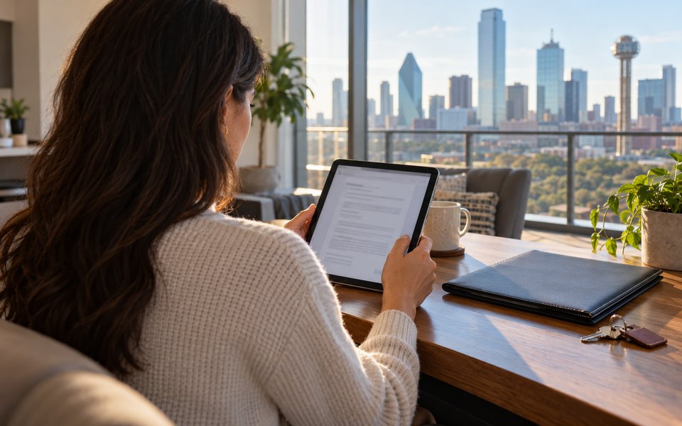 A resident checking a digital proof document beside apartment keys and a lease folder