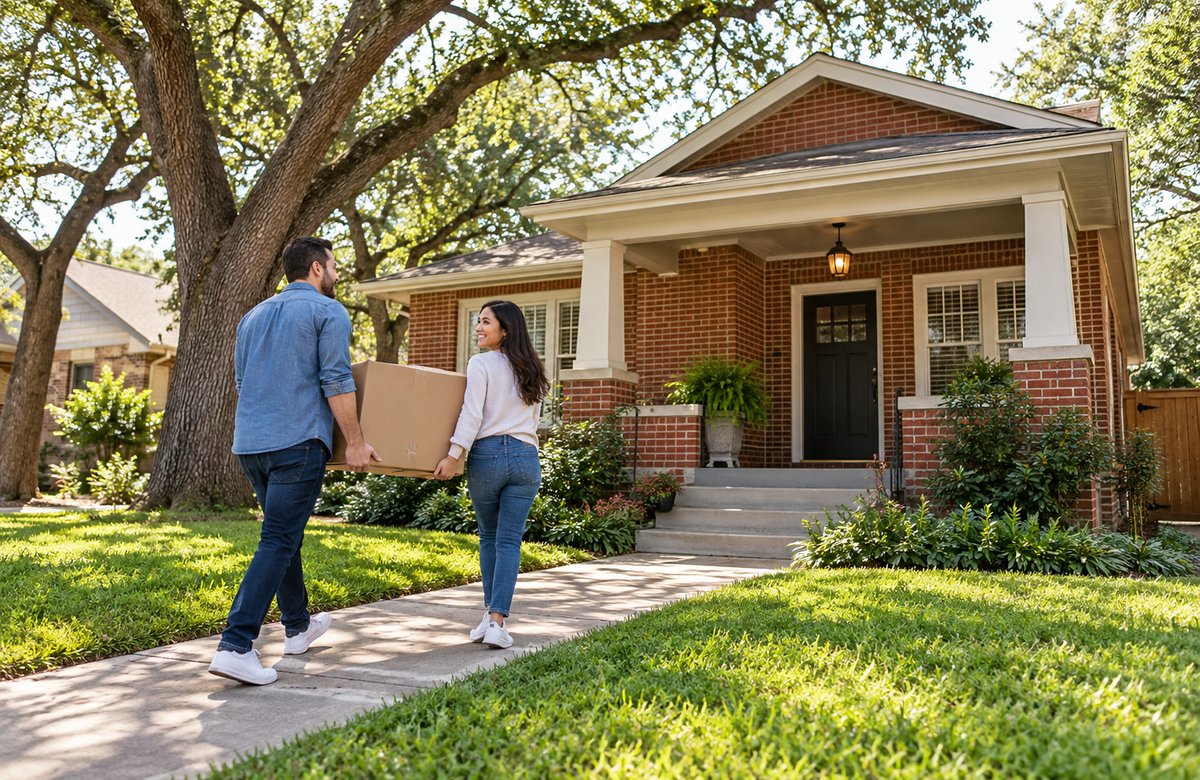 Tenants carrying moving boxes toward a red brick rental home with a shaded front porch
