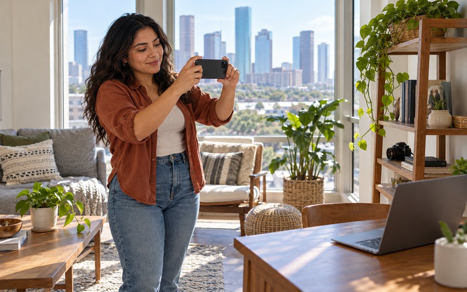 A resident documenting a laptop and household belongings with a smartphone for a personal property inventory