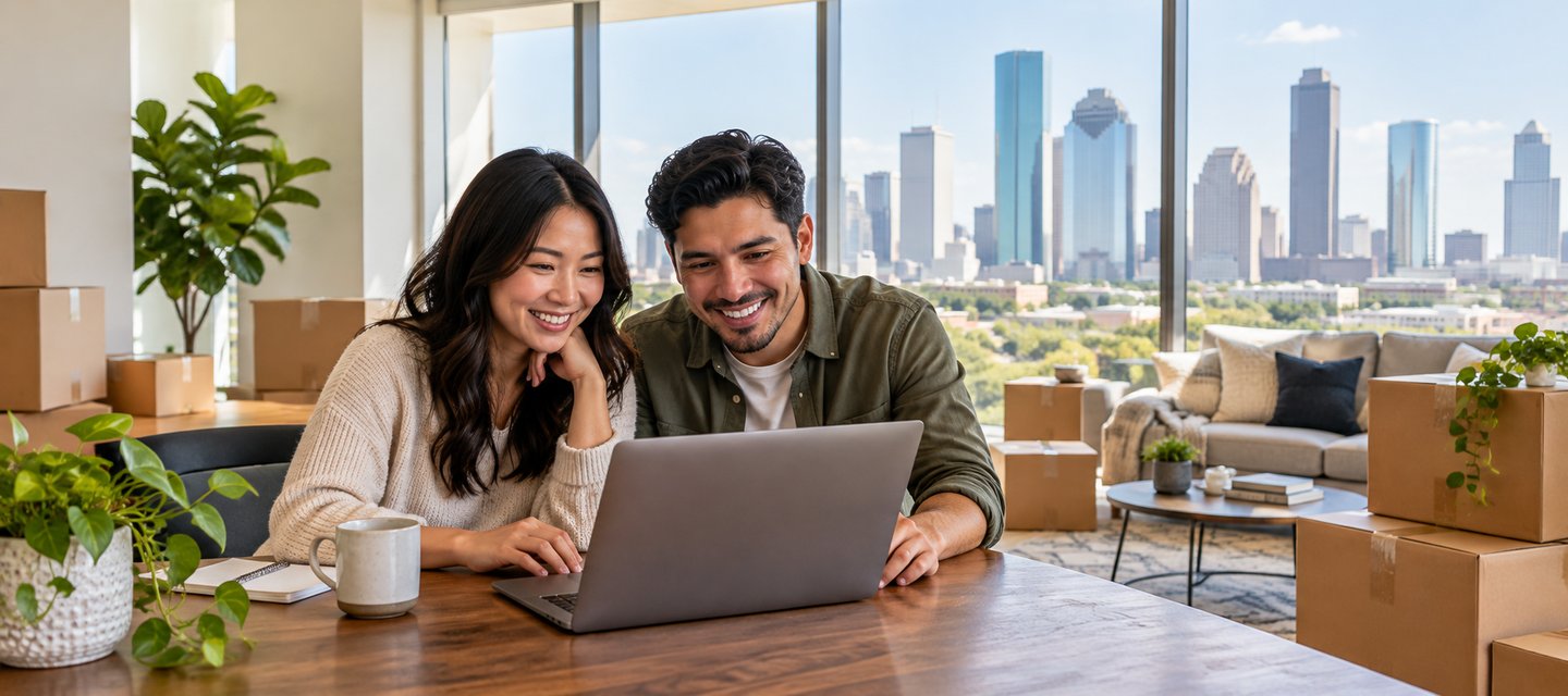 A couple reviewing Houston renters insurance on a laptop while settling into a bright apartment overlooking the city skyline