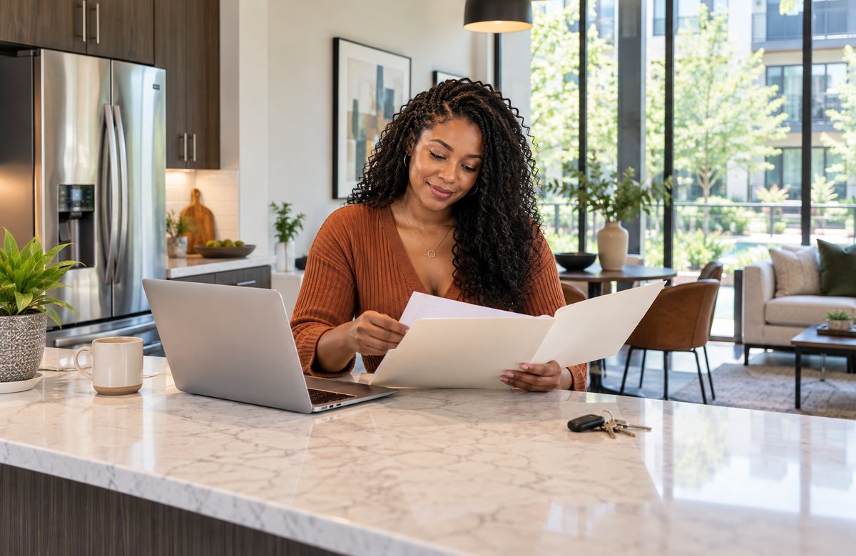A tenant reviewing apartment lease instructions and Houston tenants insurance requirements at a kitchen counter