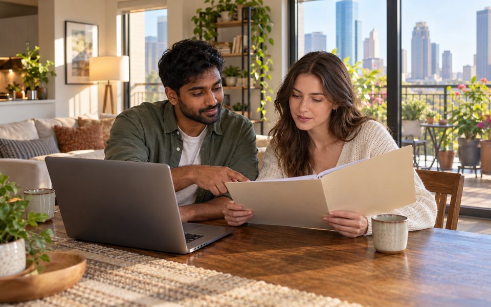 Two roommates reviewing lease liability details together at an apartment dining table