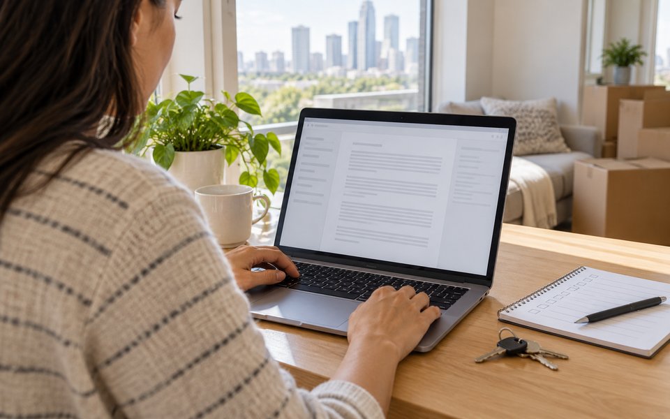 A resident checking a digital proof document beside keys and a moving checklist