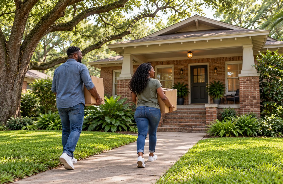 A family carrying moving boxes toward a brick rental house beneath mature shade trees