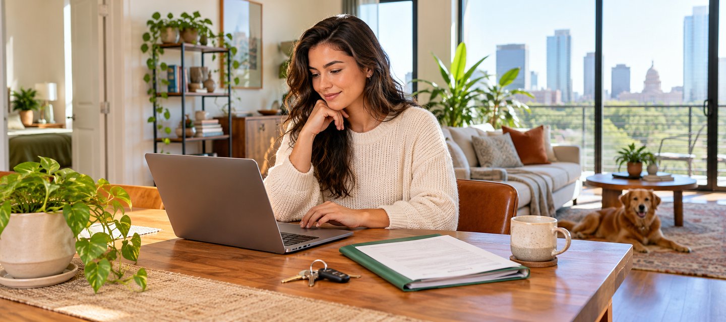 A couple reviewing proof of renters insurance options on a laptop in a bright rental apartment