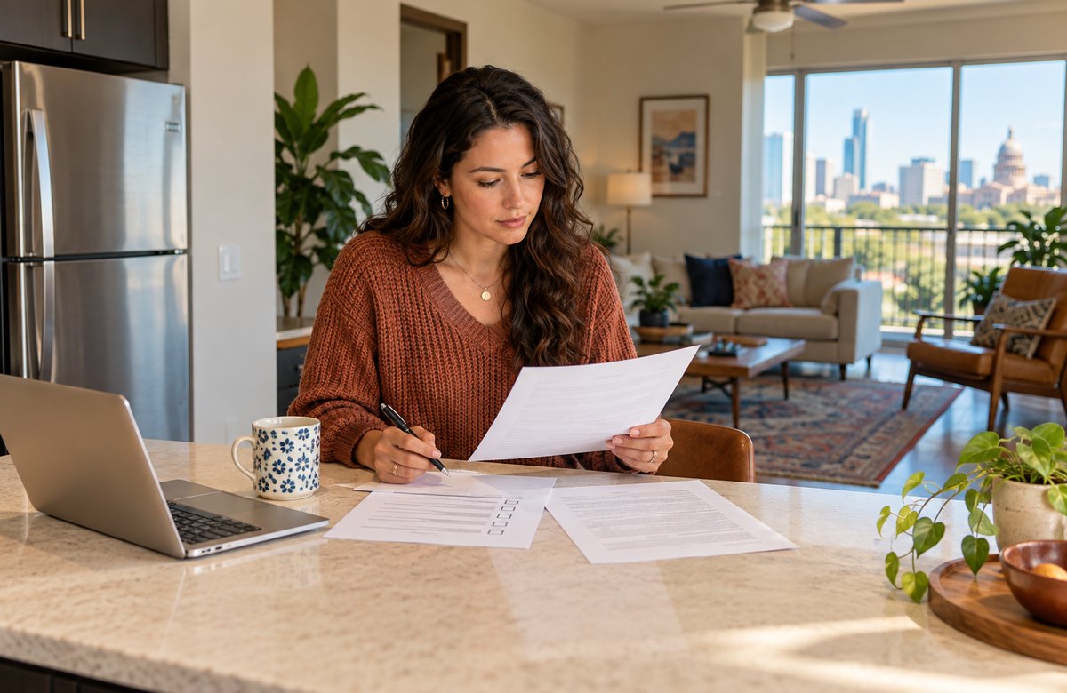 A tenant reviewing lease paperwork and apartment insurance documents at a dining table