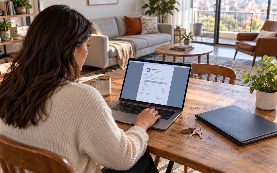 A resident checking a digital proof document beside keys and a lease folder
