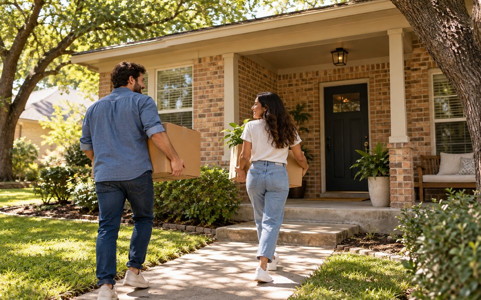 Tenants carrying moving boxes toward a modest brick rental home with a shaded porch