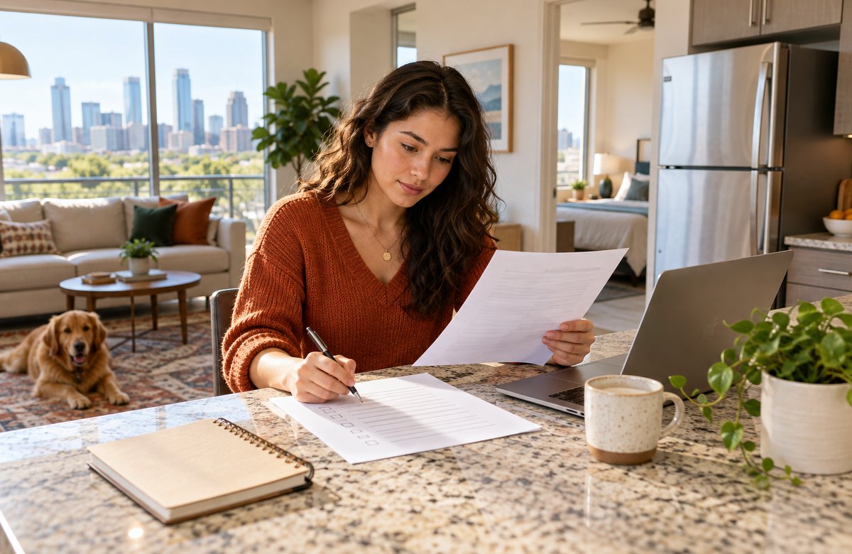 A tenant reviewing lease paperwork and same day tenant insurance at a dining table