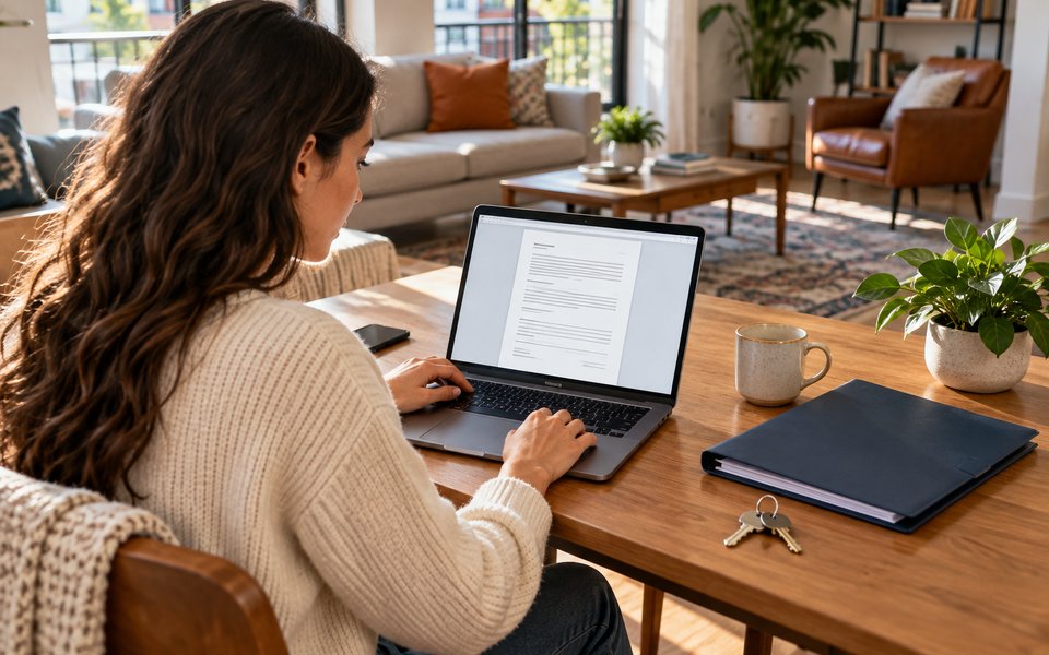 A resident checking a digital proof document beside keys and a lease folder