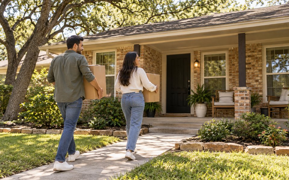 Tenants carrying moving boxes toward a modest brick rental home with a shaded porch