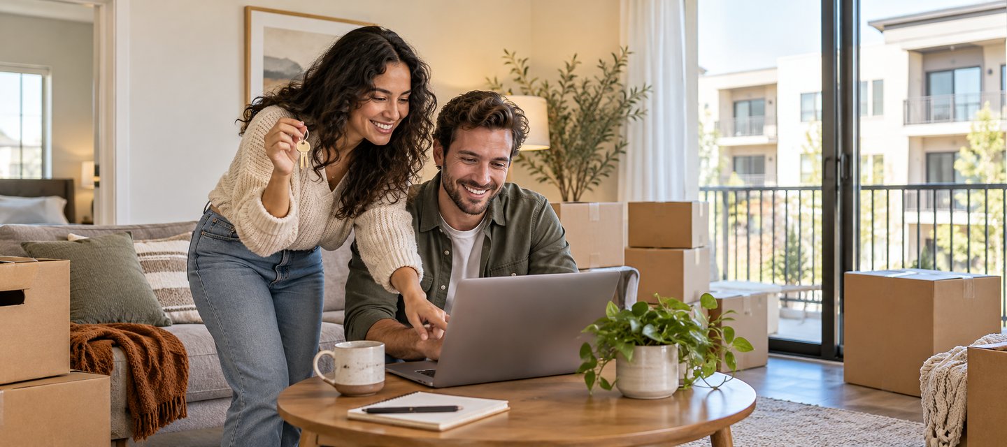 A couple reviewing apartment renters insurance on a laptop beside moving boxes in their new apartment