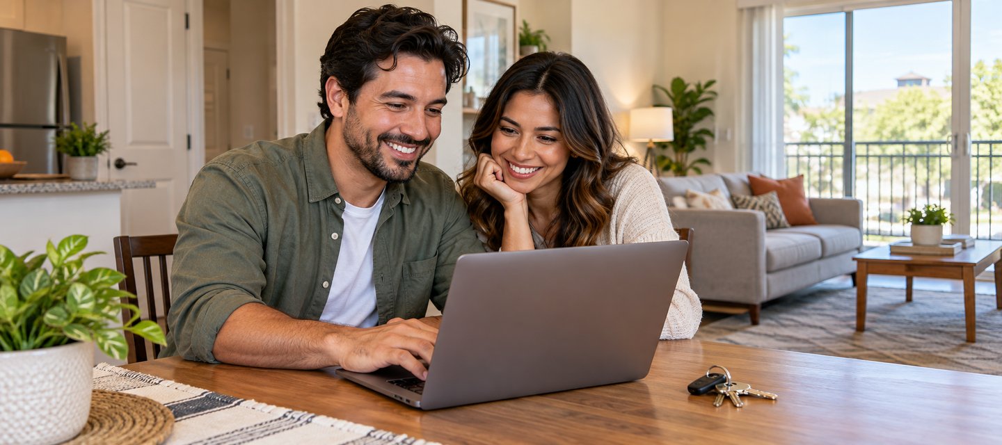 A couple reviewing Texas renters insurance options on a laptop in a bright rental apartment