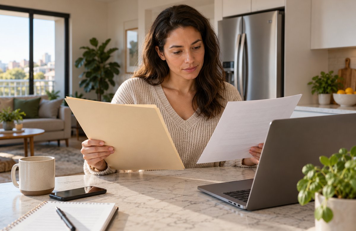A tenant reviewing lease paperwork and Texas tenants insurance at a dining table