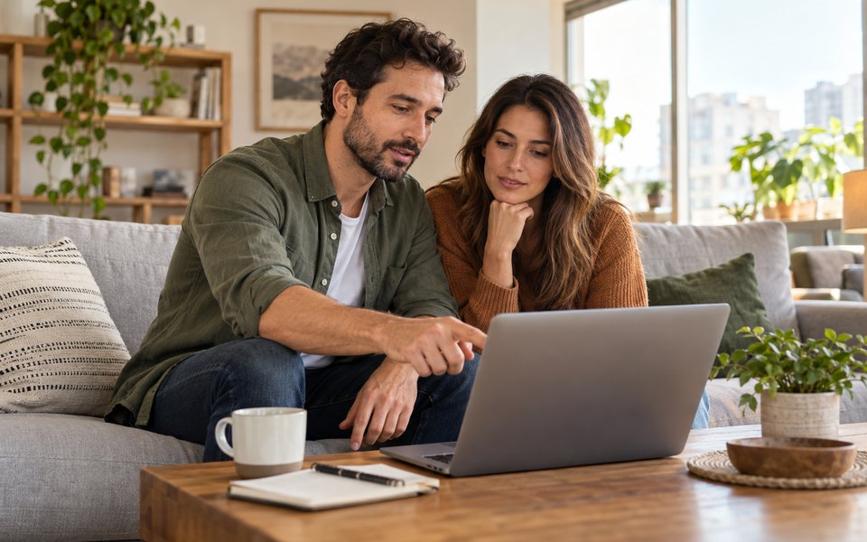 A couple comparing household coverage selections before an online purchase