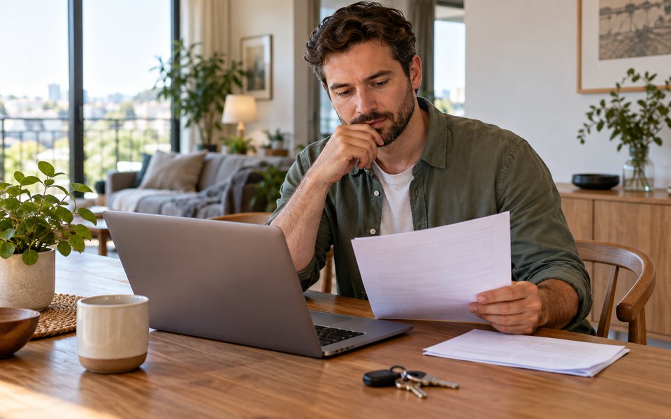A tenant checking a digital coverage document beside apartment keys