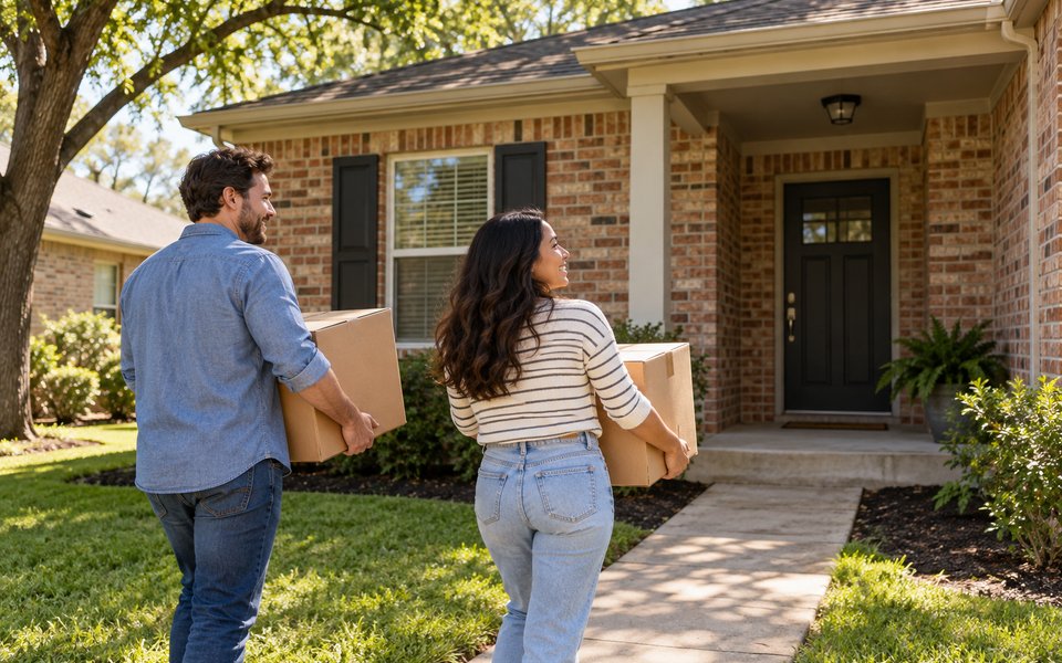 Residents carrying moving boxes toward a brick rental home with a shaded porch