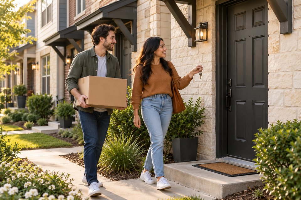 Residents carrying a moving box toward a townhouse rental with neighboring entrances