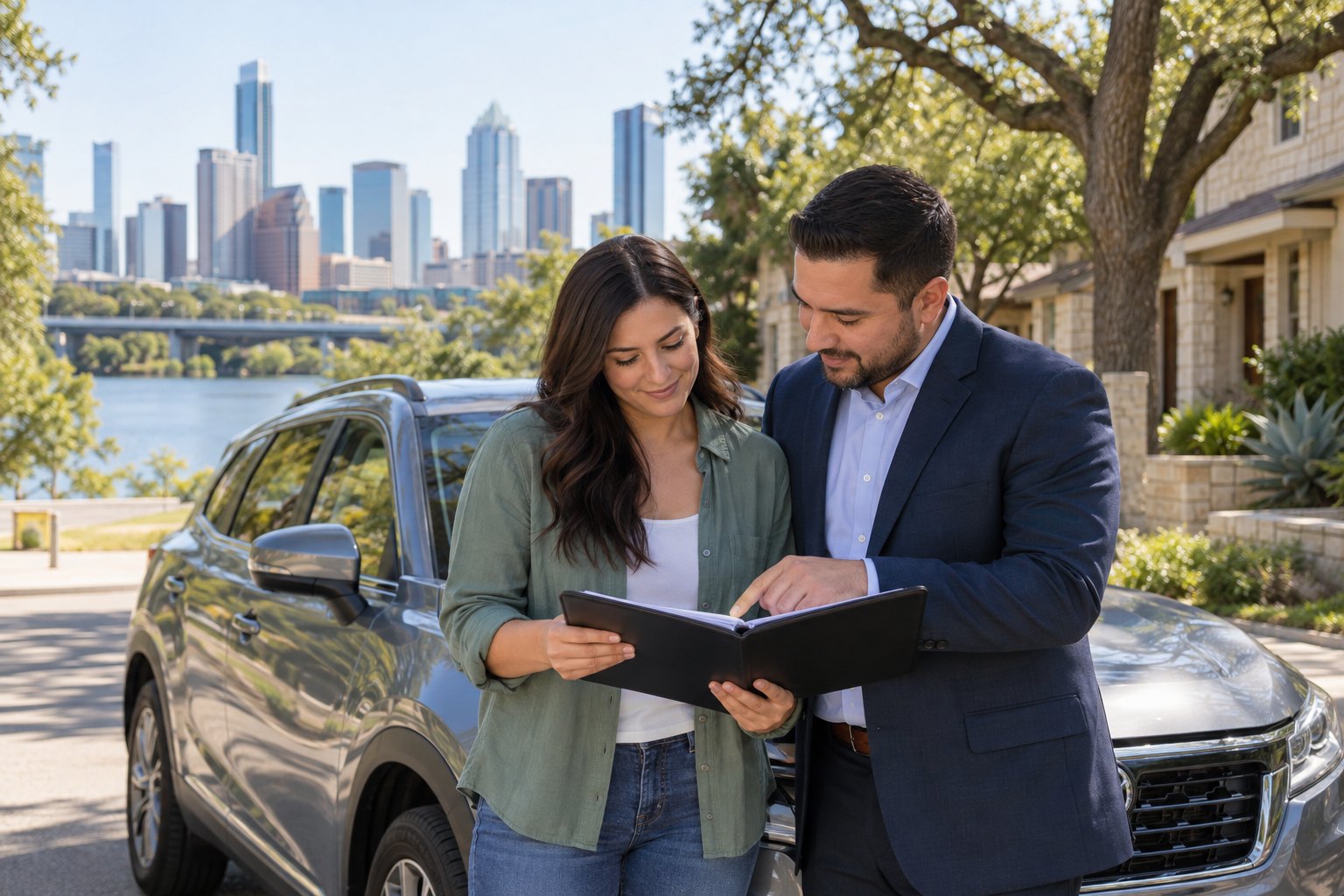 Vehicle owner reviewing coverage beside a parked car