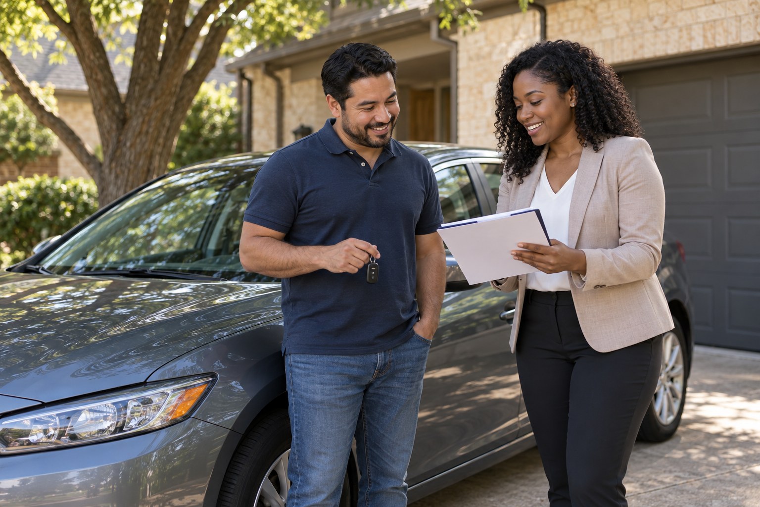 Vehicle owner reviewing coverage beside a parked car