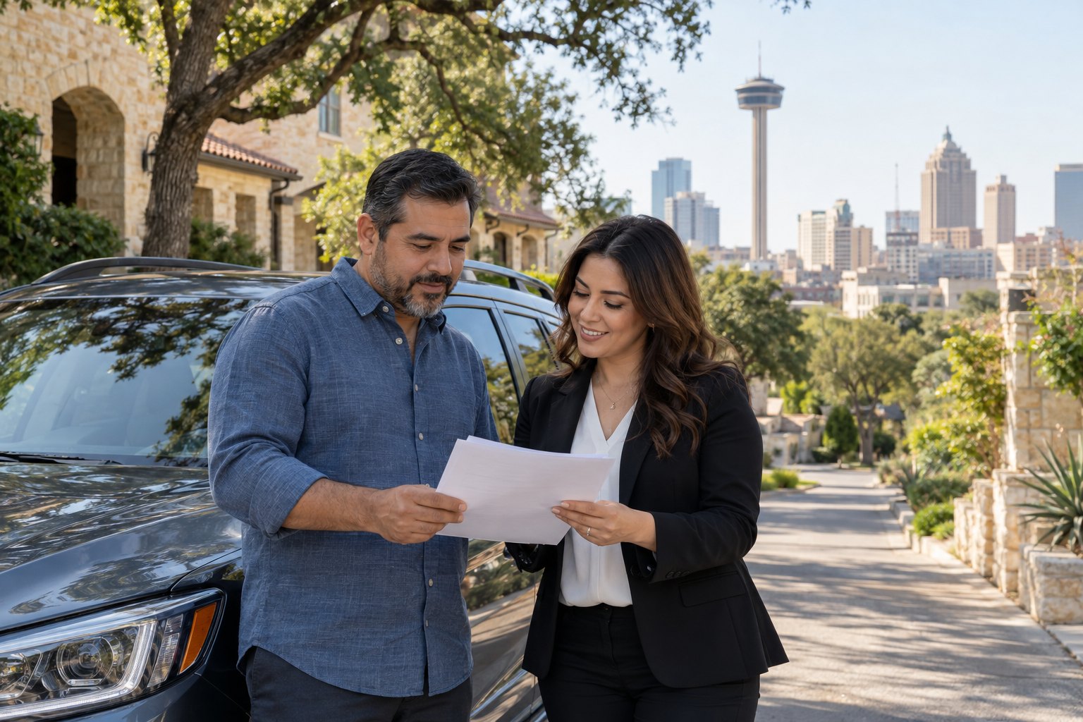 Vehicle owner reviewing coverage beside a parked car