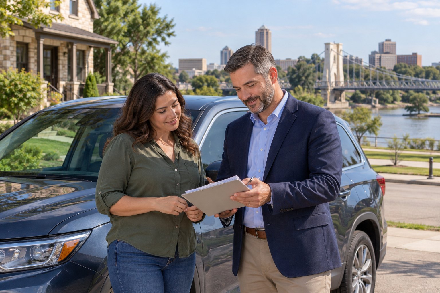Vehicle owner reviewing coverage beside a parked car